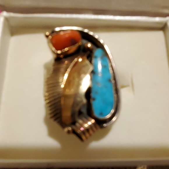 Native Am. Turquoise Coral 10Kt Gold Silver ring - Picture 7 of 7